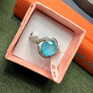 New round halo light blue quartz lab created BP ring rhodium plating size 10 NWT